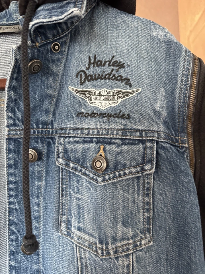 Harley-Davidson Ladies 98402-20VW Blue Black Zip-Off Sleeve Denim Jacket Size L - Image 3 of 4