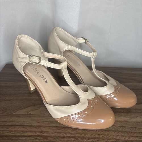 Chelsea Crew Women’s Cream/Tan Vintage Inspired T-Strap Heels/Pumps. 37 (6.5-7)