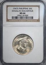1947-S Philippines 50C Centavos NGC MS66 - Douglas MacArthur