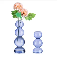 Bubble Glass Vase Set of 2, Light Blue, Aesthetic Decorative Vases for Home D...
