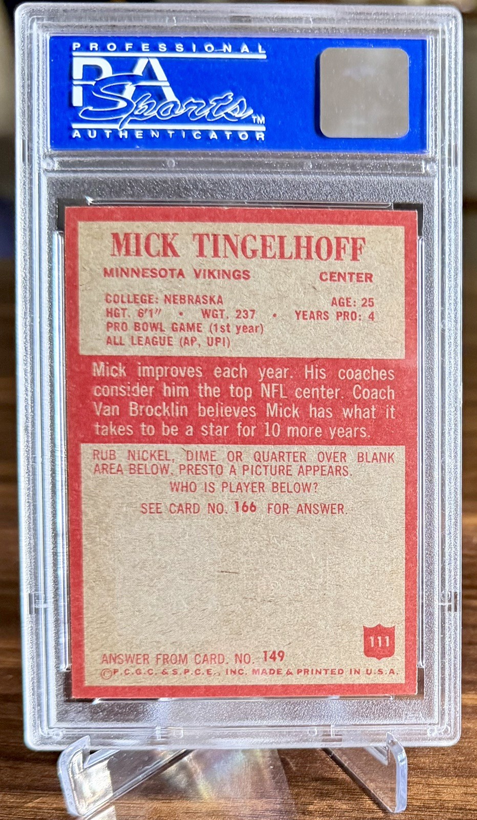 1965 Philadelphia Football Mick Tingelhoff PSA 8 view 2