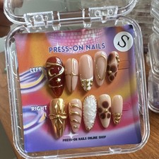 3D Long Almond Press-On Nails Full Cover Pre-Designed Nude Gold Brown Red