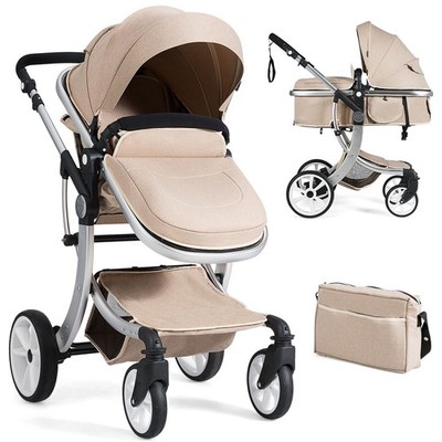 Aluminum Infant Bassinet Reversible Outdoor Foldable Stroller W/Diaper Bag Beige