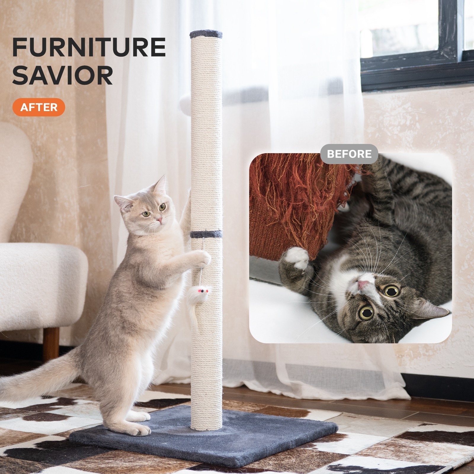 Cat Scratching Post, 31"H Sisal Vertical Scratcher Post with Toys for Indoor