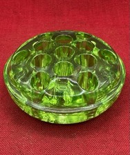 Vintage Vaseline Green Glass Footed Flower Frog Large Heavy 13 Holes 4.5" GLOWS