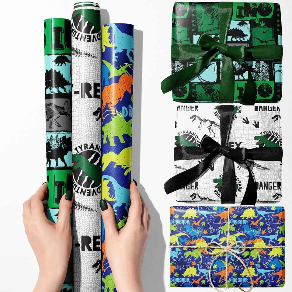 Dinosaur Wrapping Paper Rolls 3 Rolls 17 Inch X 120 Inch Happy Birthday Wrapping - Image 2 of 4