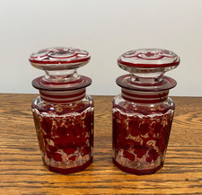 A PAIR OF ANTIQUE 19TH C BOHEMIAN RUBY FLASH GLASS APOTHECARY PHARMACY JARS
