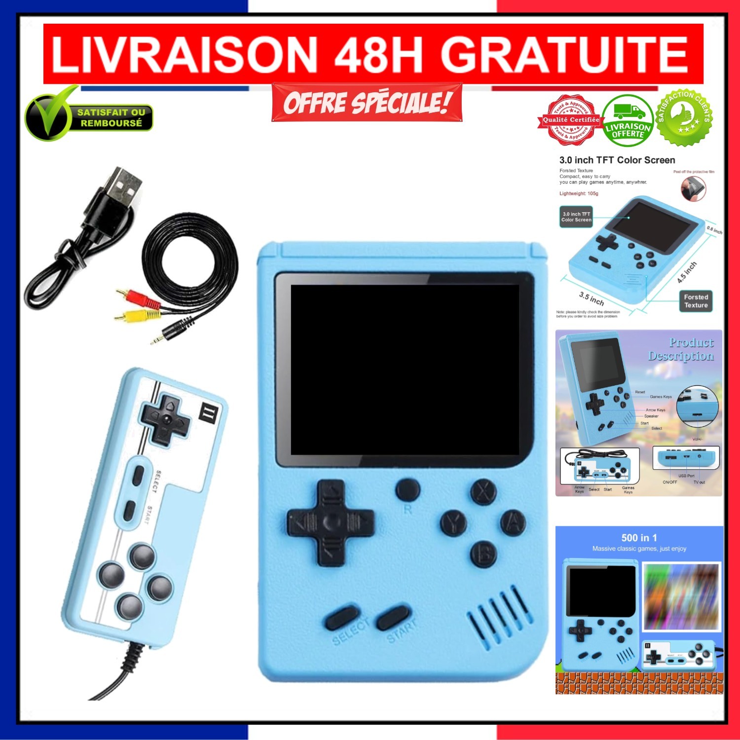 Console de Jeu Portable Retro avec 2 Manettes et Batterie Rechargeable Noire