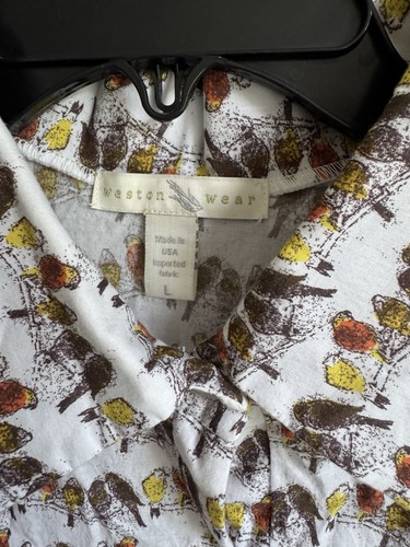 Weston Wear White Brown Bird Print Button Down Blouse Womens L Fall Cotton - Picture 3 of 6