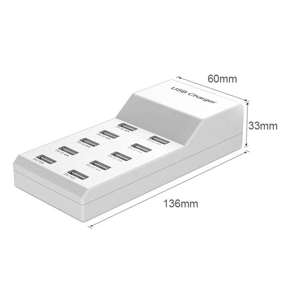 10-Port USB Charging Station for Phones Tablets Multiple Devices  
