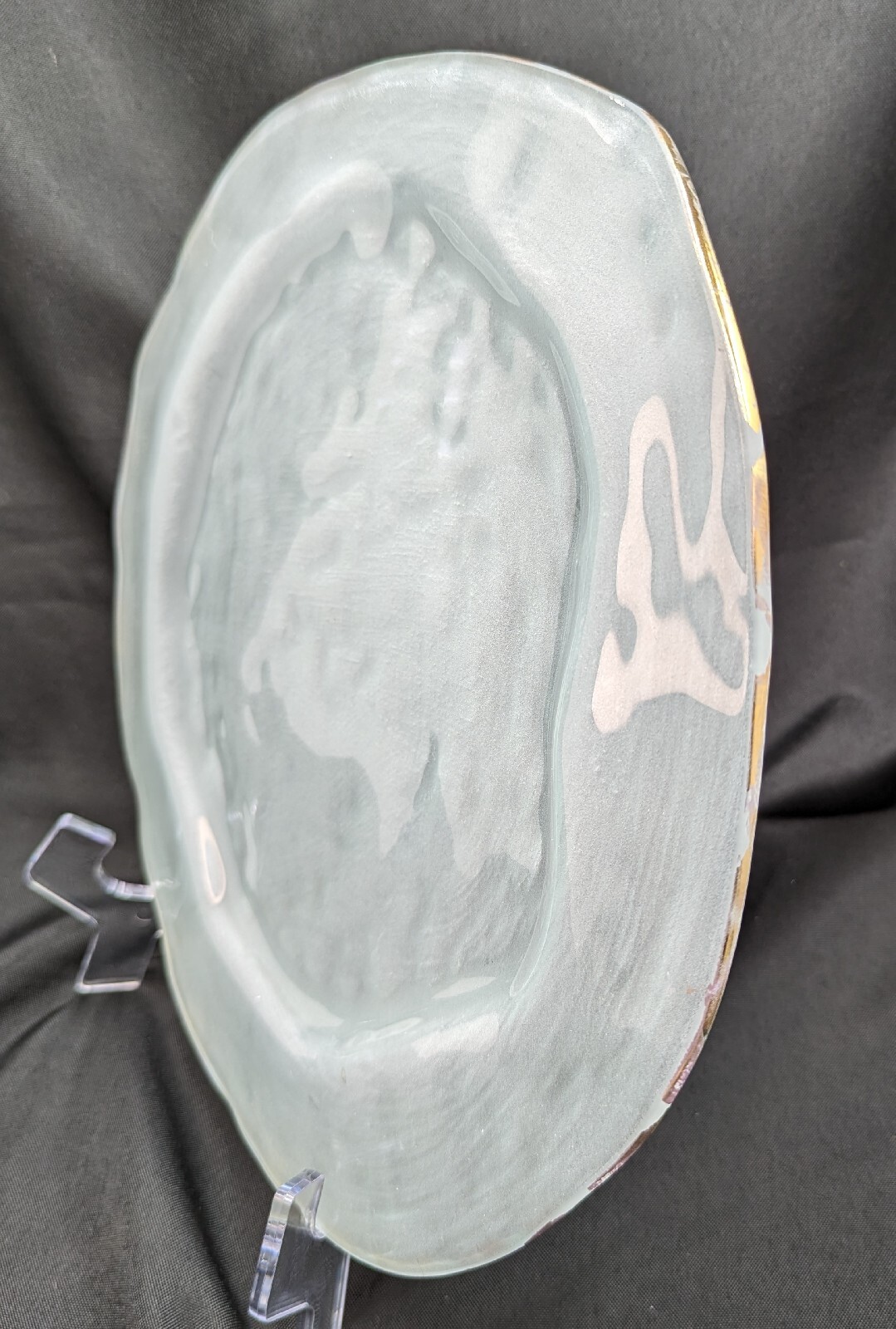 Annie Glass Frosted Freeform Platter Tray 12.5 in Gold Accent Signed Beach Ocean