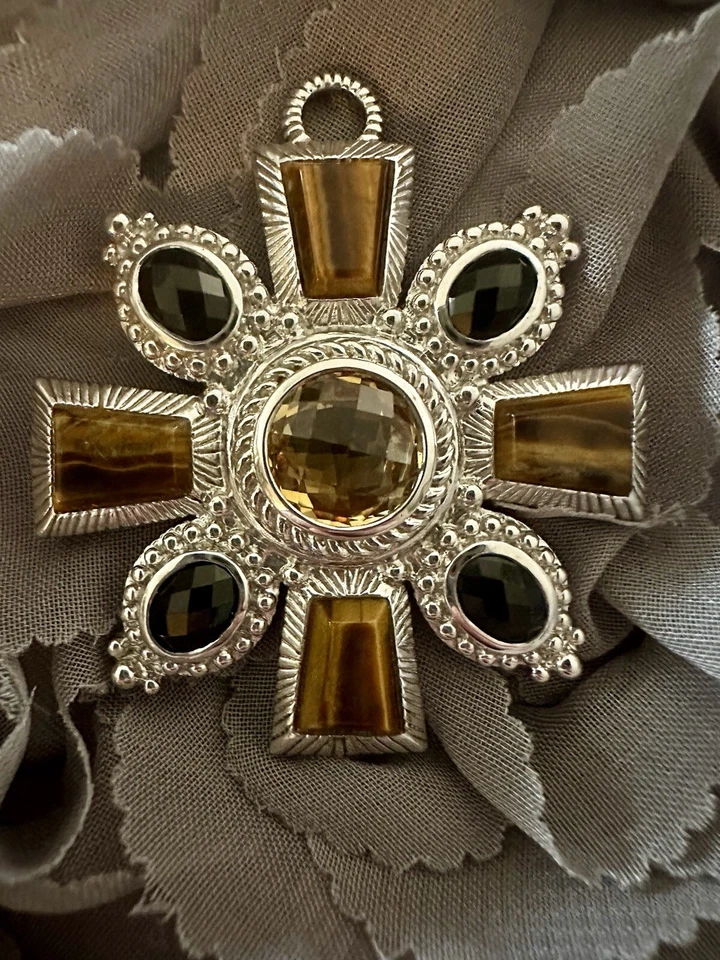 Pingente Judith Ripka prata esterlina olho de tigre citrino e ônix - Imagem 2 de 4