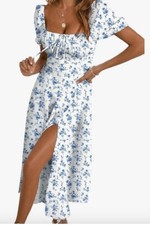 Delicate Blue Flower, Romantic MIDI With Short puffed Sleeves Size L