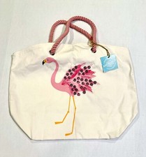 Pink Flamingo Sequin XL 22.5  Cotton Canvas Tote Bag 2-sided Design NWT