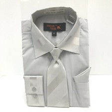 Prime Time Jr Boys Solid Silver Dress Shirt with Matching Tie Hanky Sizes 6 - 7