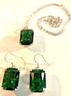 Large Green Tourmaline Earrings and Pendant Necklace Set 925 Silver 18"