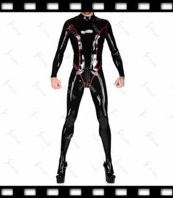 Latex Catsuit Men Trans costume Red Trims Sexy Cooling Slim Customized 0.4mm B38