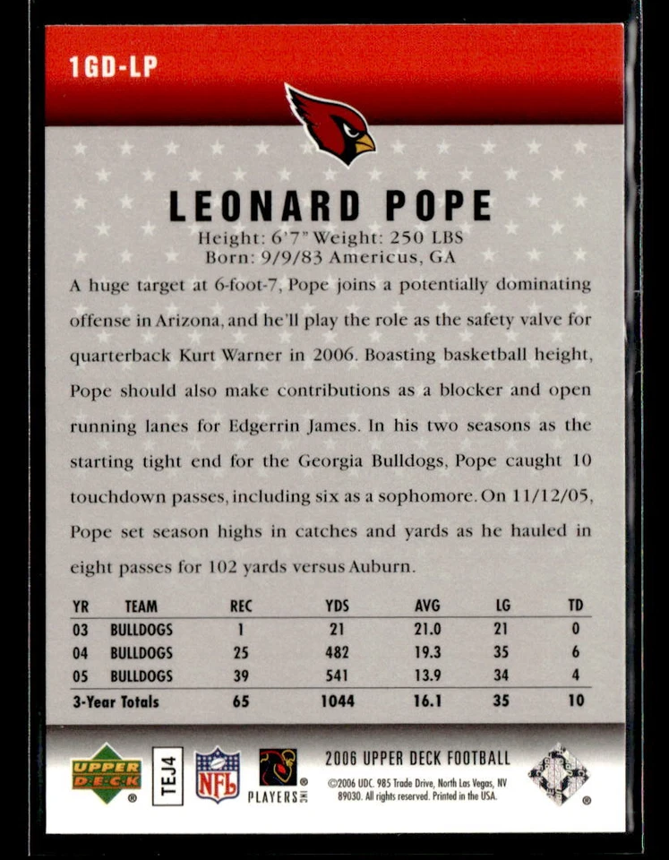 Leonard Pope 2006 Upper Deck #1GD-LP Gridiron Debut Arizona Cardinals - Image 2 of 2