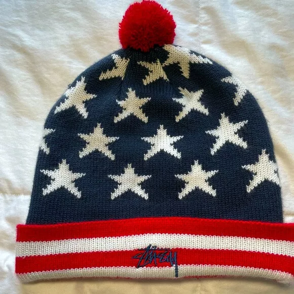 Vintage Stussy Mens Stars & Stripes Pom Beanie Red White & Blue Patriotic