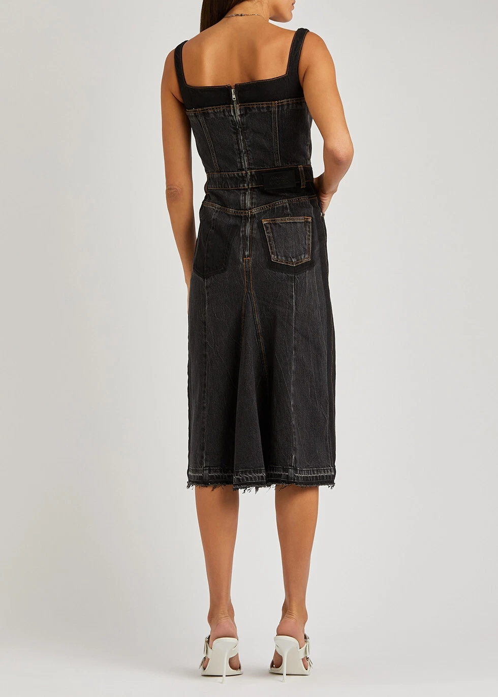 Alexander McQueen Abito Midi Pannello Corsetto Denim Grigio Nero S M IT42 UK10