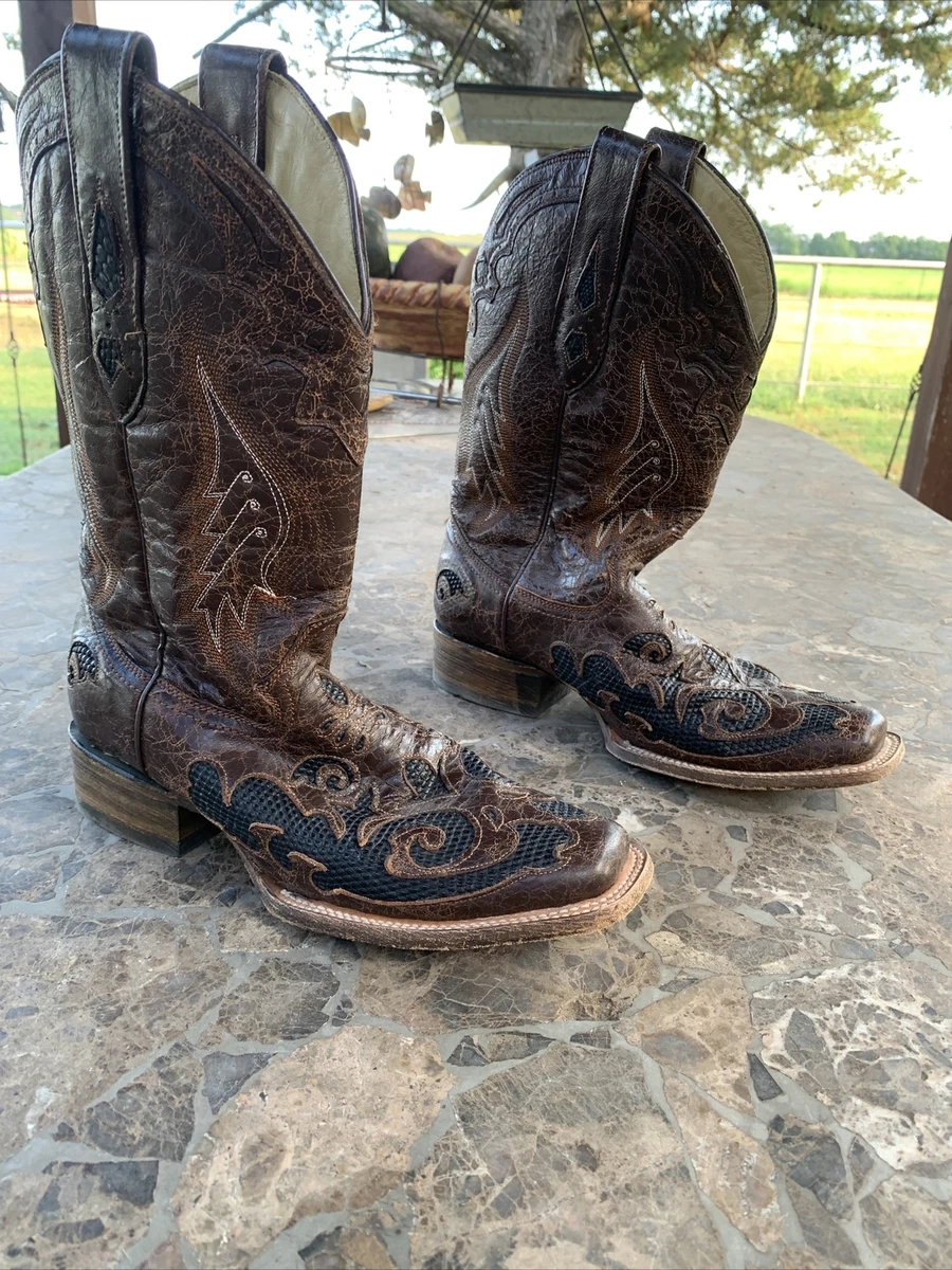 Womens Corral A1026 Goat And Lizard Inlay Brown Square Toe Cowboy Boots