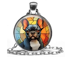 Faux Stained Glass French Bulldog Dog Mom Lover Gift Pendant Necklace 24" Chain