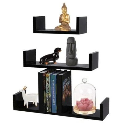BAKAJI Set 3 Mensole da Parete Moderne Design con Bordi Mensola Scaffale Legno Nero