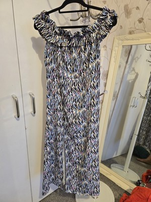 River Island Blue Animal Print Frill Bardot Midi Dress Size 14