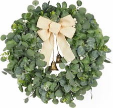 28" Large Eucalyptus Wreath with Vintage Bells Burlap Bow for Front Door, Modern
