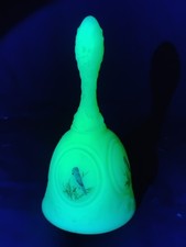 Fenton Uranium Custard Hand Decorated Blue Bird Bell Signed By Artist Debra Hill