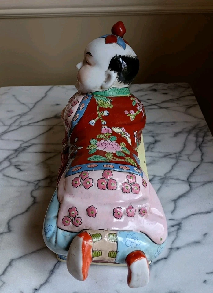 RARO Antigo Pintado à Mão Família Chinesa Rosa Ho-Ho Menino Fronha, Dinastia Qing - Imagem 4 de 4