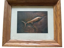 Original Hand Pressed Copper 3D Relief Wall Art Embossed Marlin Fish MCM Framed