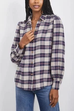 RAILS ANGELICA SHIRT SIZE S ALMOND PINK NAVY PLAID FLANNEL PUFF SLEEVE FEMININE