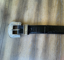 Vintage Justin Genuine Lizard Western Belt 32 Black 101BK Made USA Silver Buckle
