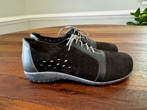 Naot Lalo Sneaker Women's Size 39 / 8-8.5 Black & Tin Suede Leahter Lace Up Shoe