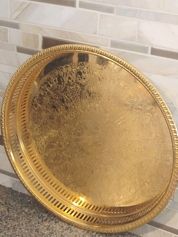 Vintage 24K Gold Electroplated Ornate Etched Round Serving Tray / Platter
