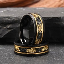 Men's Meteorite  Gold Foil Black Tungsten Carbide Ring Wedding Anniversary 8MM