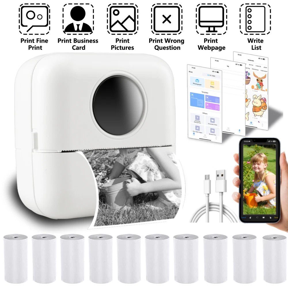 Mini Bluetooth Portable Inkless Thermal Photo Printer with Roll Paper  