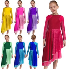 Kids Girls Gown Dance Dress Skirt Dancewear Classic Sequins Asymmetrical Church