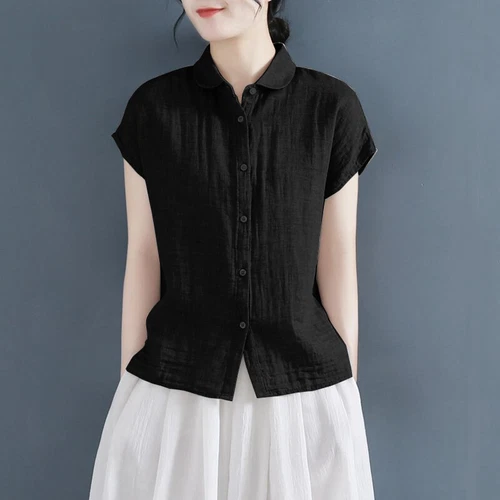 Camisa Manga Corta Mujer Verano 100% Algodón Lino Camisa, Top Lino Abotonable - Imagen 20 de 26