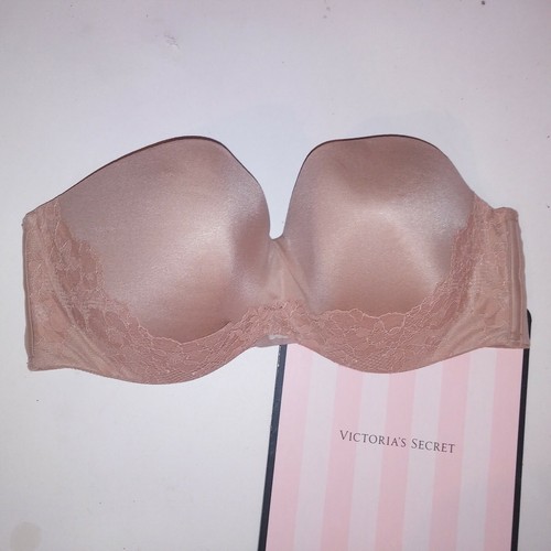 Victoria Secret Bra 36DD Lined Strapless Beige Solid Lace Body by Victoria