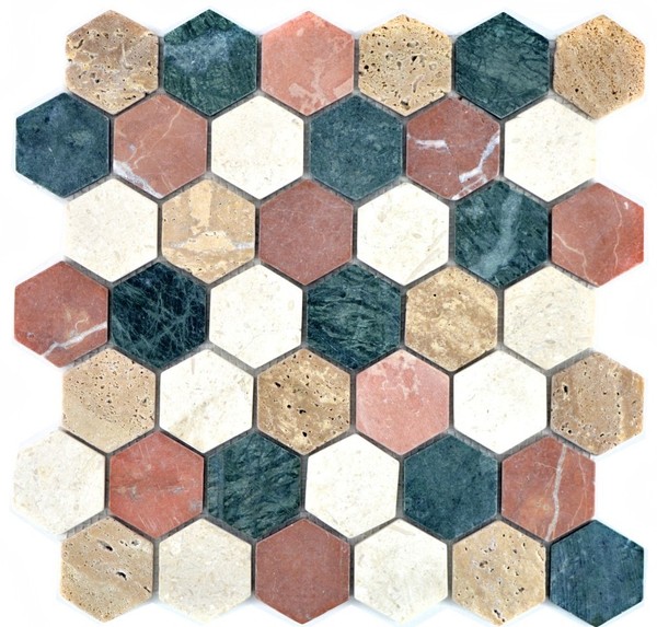 Marmormosaik Creme Beige Rot GrüN Naturstein Mosaik 42-1213 | 10 Mosaikmatten-image