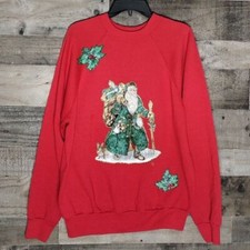 Vintage 90s Tultex Santa Claus Glittery Pullover Christmas Sweatshirt Size Large
