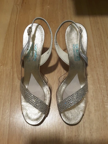 Amano Silver Peek a Boo Sling Back Rhinestone  High Heels Vtg. Size 8 N
