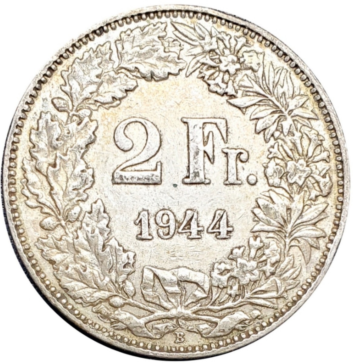 1944 B Switzerland 2 Francs .835 Silver Coin Helvetia Standing