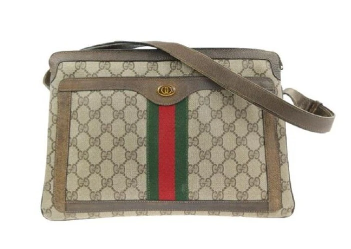 Gucci Marrón Guccissima Estampado Multi Compartimento Portafolio con Rayas Rojas y Verdes!