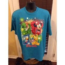 Disney 2011 Blue Fire Works Short Sleeve T-Shirt Mens Size XL
