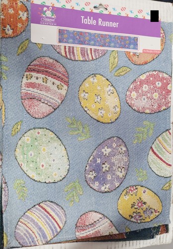 Long Tapestry Table Runner, 13"x70", EASTER, MULTICOLOR EGGS ON LIGHT BLUE, GR - Picture 1 of 13