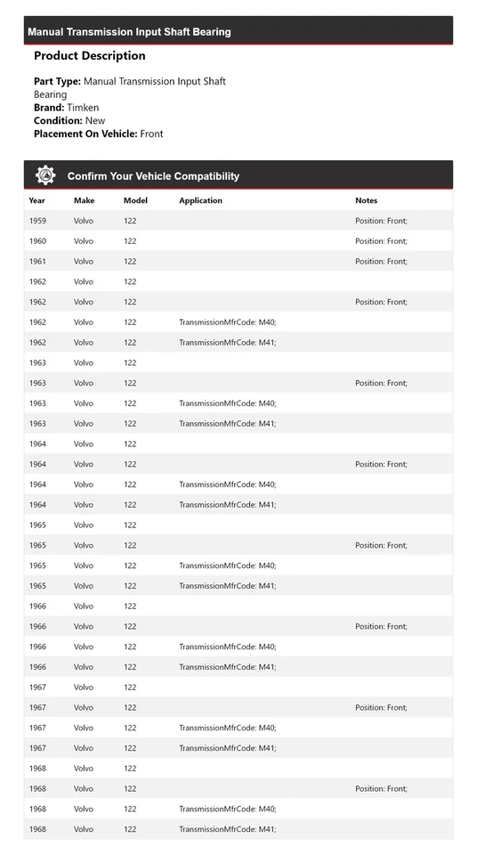 For 1959-1968 Volvo 122 Manual Transmission Input Shaft Bearing Timken 1960 1961 - Image 2 of 4