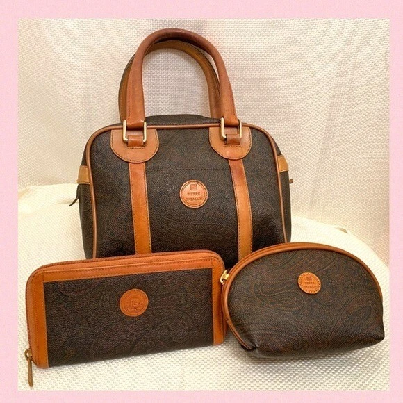 VINTAGE Pierre Balmain 3 piece set purse, wallet and makeup bag paisley Leather